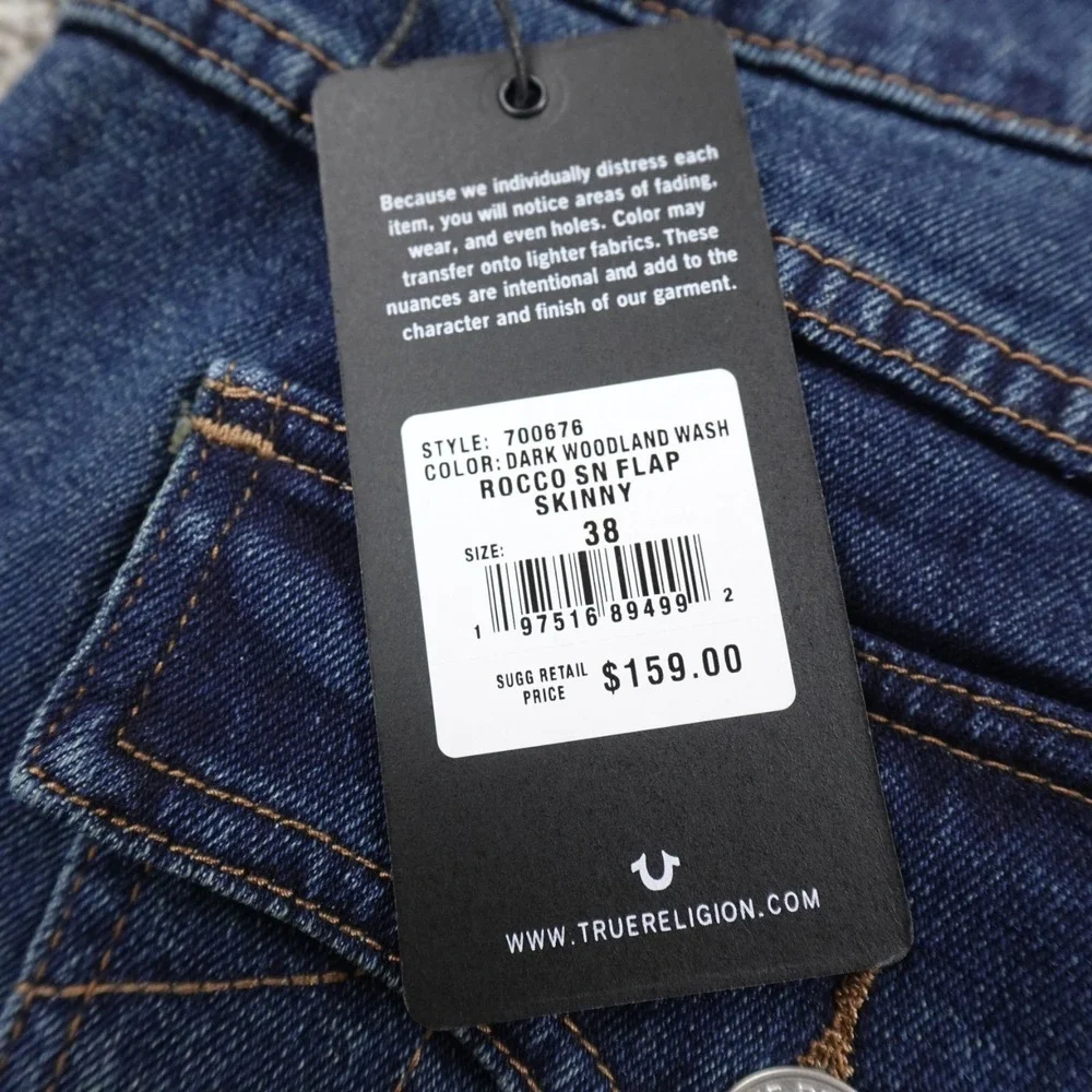 NEW True Religion Jeans‎ Mens 38X32 Blue Denim Rocco Relaxed Skinny Flap Pocket